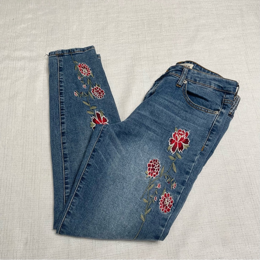 Ashley Mason Blue Skinny Jeans with Red Floral Embroidery